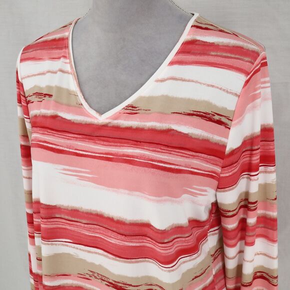 Chicos Easywear Top 1 Womens Medium Red Pink Beige Stripe Blouse Stretch Knit - Picture 8 of 11